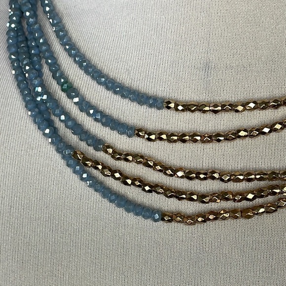 NWT Massini Multi Strand Beaded Necklace Gold Tone Aqua Blue - Picture 3 of 6